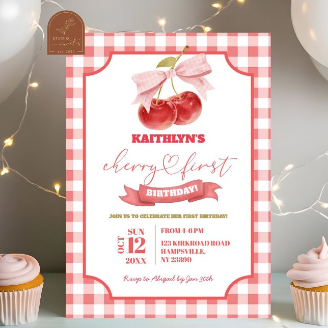 Invitación Preppy Coquette Cherry en primer Chica de cumpleañ (Subido por el creador)