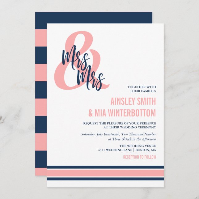 Invitación Preppy Coral & Navy Mrs & Mrs Boda (Anverso / Reverso)