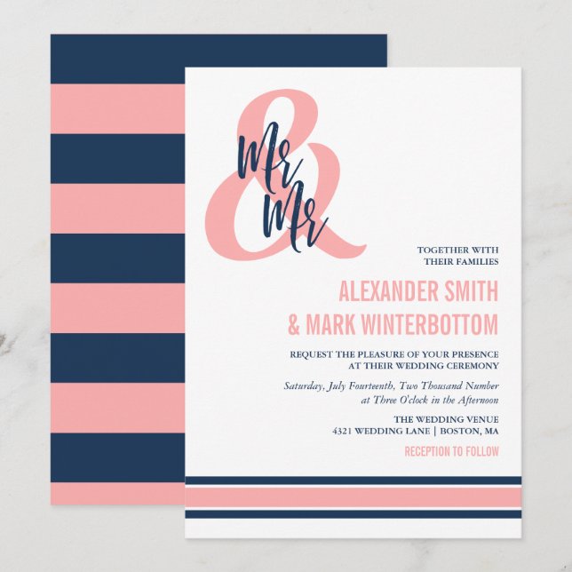 Invitación Preppy Coral & Navy Sr. y Sr. Boda (Anverso / Reverso)