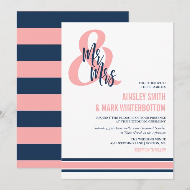 Invitación Preppy Coral & Navy Sr. y Sra. Boda (Anverso / Reverso)