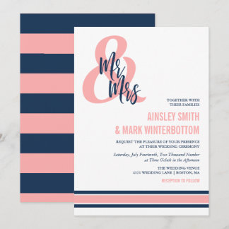 Invitación Preppy Coral & Navy Sr. y Sra. Boda