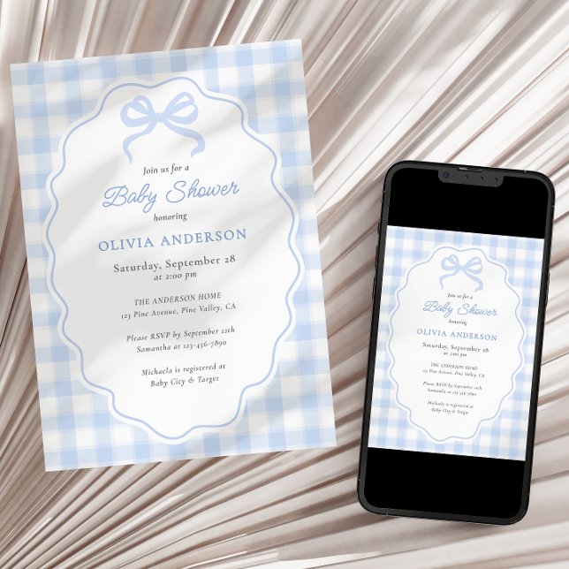 Invitación Preppy Doodle Frame Blue Gingham & Bow Baby Shower (Subido por el creador)
