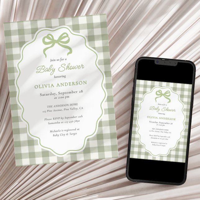 Invitación Preppy Doodle Frame Green Gingham Bow Baby Shower (Subido por el creador)