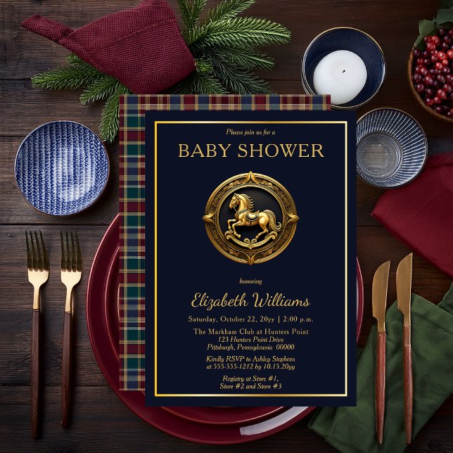Invitación Preppy Equestrian Rocke Horse Plaid Baby Shower (Charming Preppy Equestrian Gold Tone Rocking Horse on Navy Blue with Plaid Boy Baby Shower Invite)