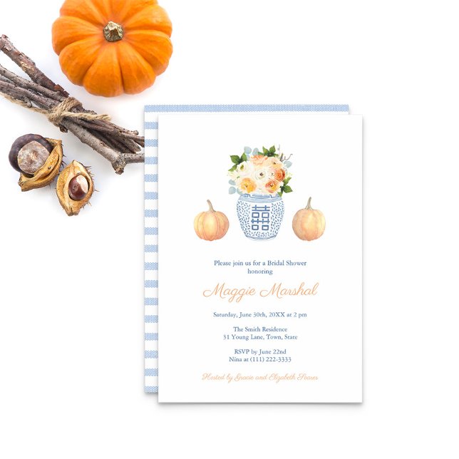 Invitación Preppy Fall Flowers Ginger Jar Pumpkin Baby Shower (Bridal Shower Invitation With Fall flowers in ginger jar, pumpkins and pale blue stripes on reverse)