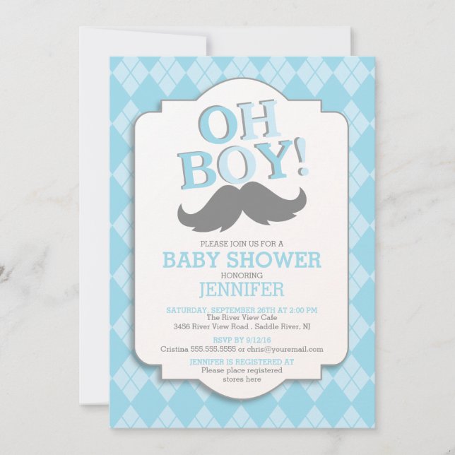 Invitación Preppy Fun OH BOY Mustache Baby Shower (Anverso)