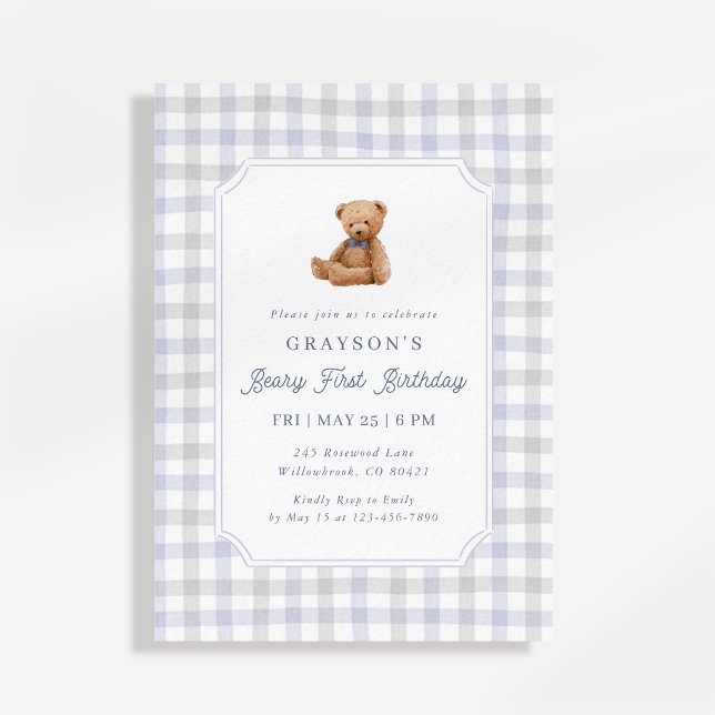 Invitación Preppy Gingham Teddy Bear Beary First Birthday (Subido por el creador)