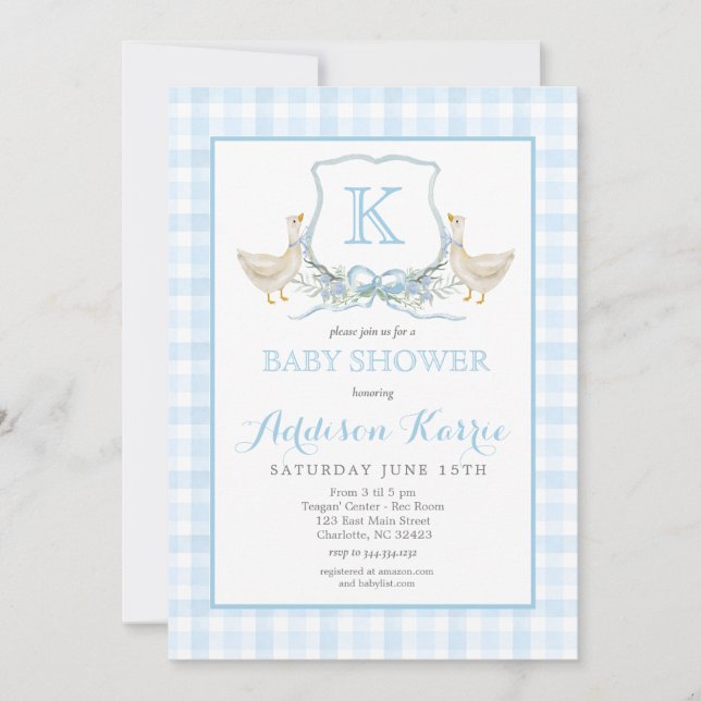 Invitación Preppy Goose Blue Gingham Baby Shower Invitation (Anverso)