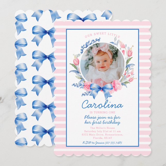 Invitación Preppy Grandmillennial Floral Blue Bows (Anverso / Reverso)