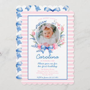 Invitación Preppy Grandmillennial Floral Blue Bows