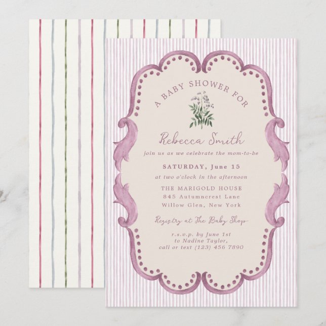 Invitación Preppy Grandmillennial Pink Girl Baby Shower (Anverso / Reverso)