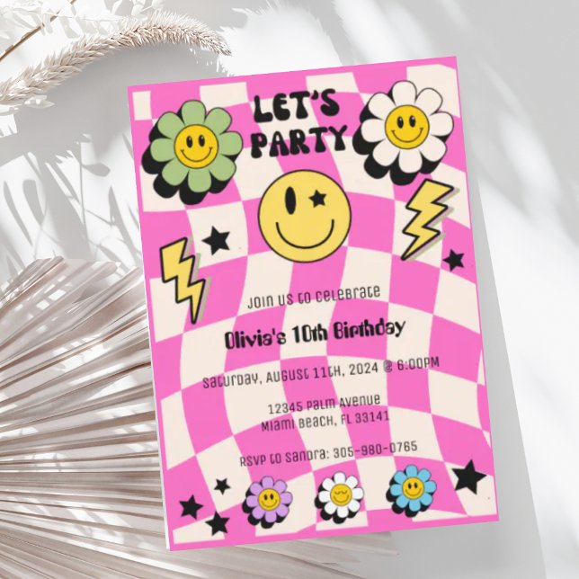 Invitación Preppy Hot Pink Retro Happy Face Fiesta Cumpleaños (Subido por el creador)
