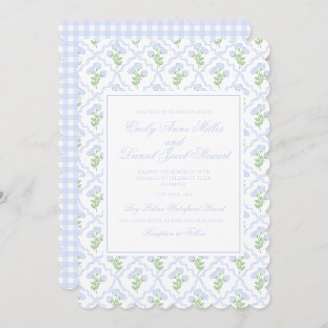 Invitación Preppy Hydrangea Watercolor Trellis Boda (Anverso / Reverso)