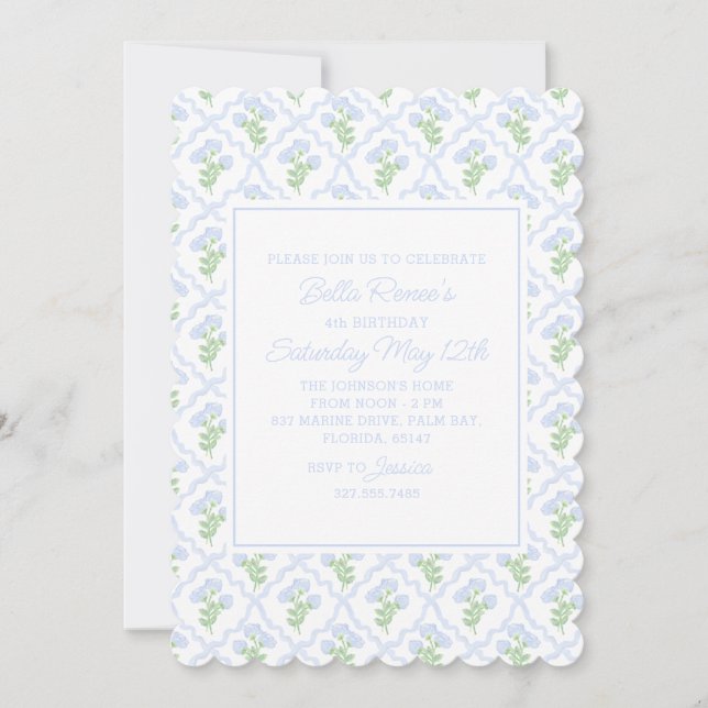 Invitación Preppy Hydrangea Watercolor Trellis Editable (Anverso)