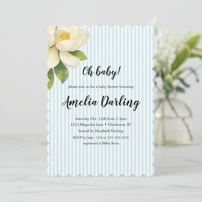 Invitación Preppy Magnolia Flower Stripe Baby Shower (Anverso de pie)