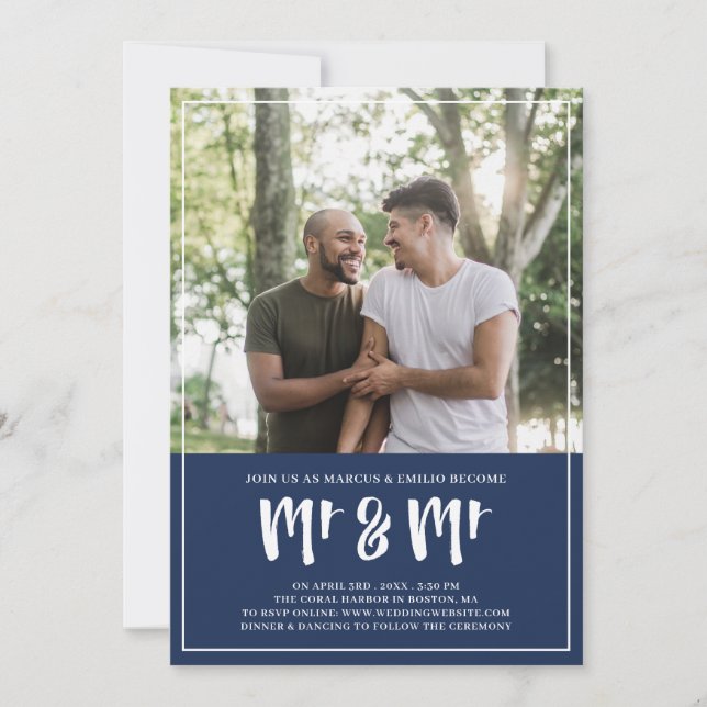 Invitación Preppy Navy Blue Mr & Mr Brush Script Boda (Anverso)