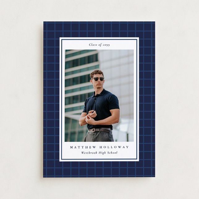 Invitación Preppy Navy Grid One Photo Graduation Announcement (Subido por el creador)
