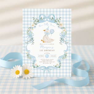 Invitación Preppy One Silly Goose Blue Bow Primer cumpleaños