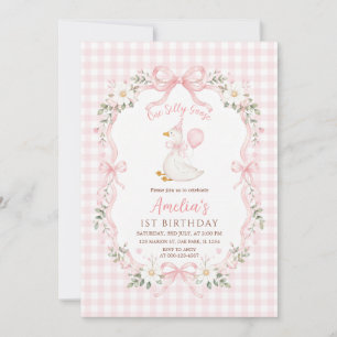 Invitación Preppy One Silly Goose Lazo Rosa Niña Cumpleaños 1