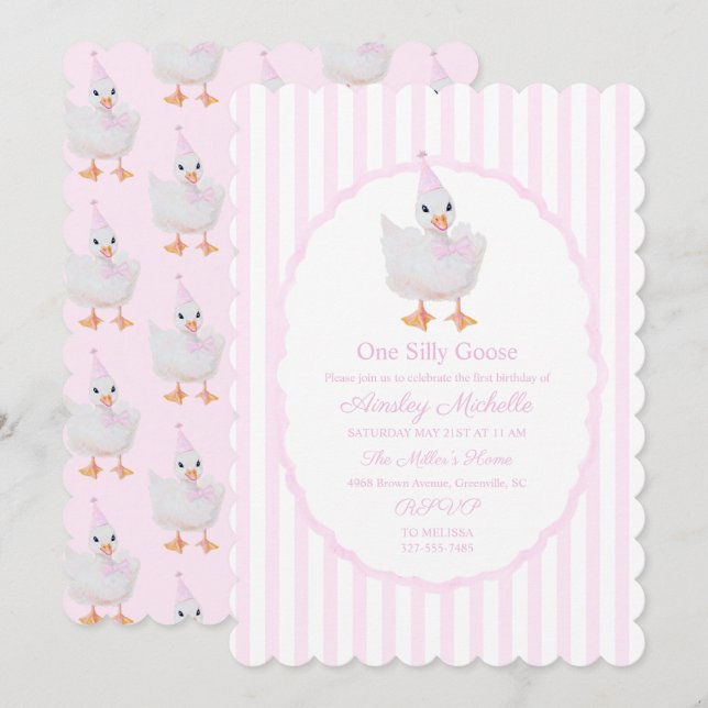 Invitación Preppy One Silly Goose Pink (Anverso / Reverso)