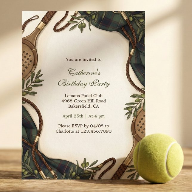 Invitación Preppy Padel Club Tartan Birthday Party (Watercolor padel tennis birthday party invitation)