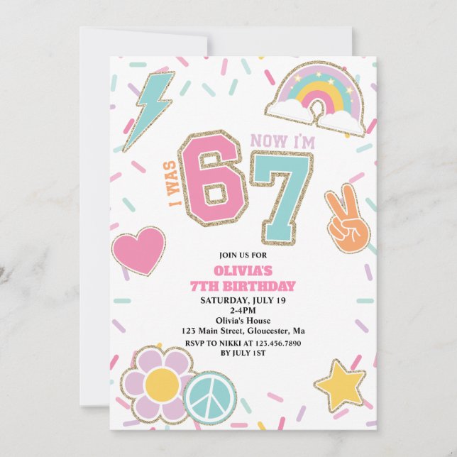 Invitación Preppy Patch 67  7TH Birthday (Anverso)