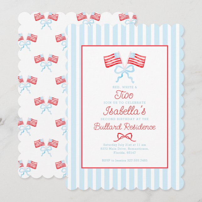 Invitación Preppy Patriótico 4 de Julio Segundo Cumpleaños (Anverso / Reverso)