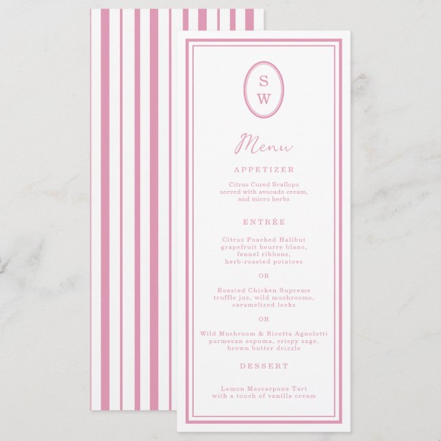 Invitación Preppy Peony Pink Chic Monogram Wedding Menu Card (Anverso / Reverso)