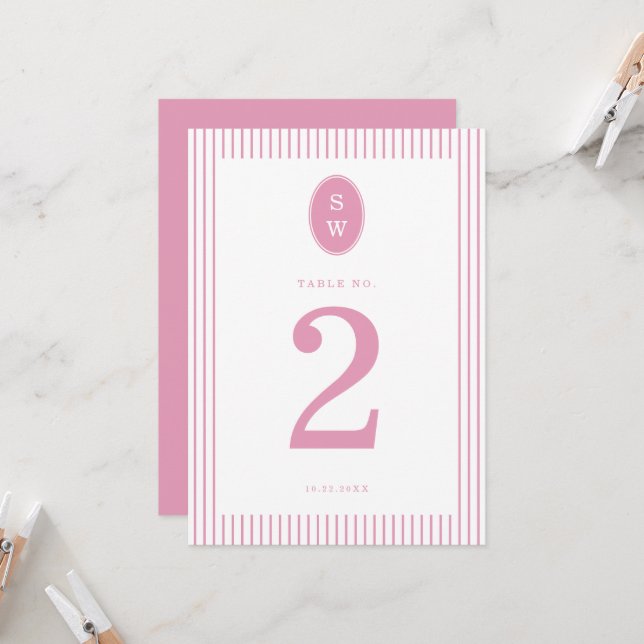 Invitación Preppy Peony Pink Chic Wedding Table Number Card (Anverso/Reverso In Situ)