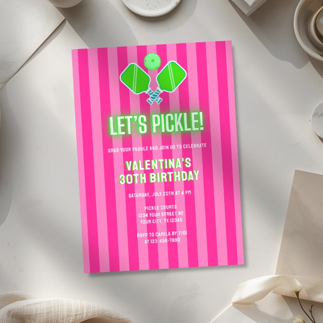 Invitación Preppy Pink and Green Striped Pickleball Birthday (Subido por el creador)