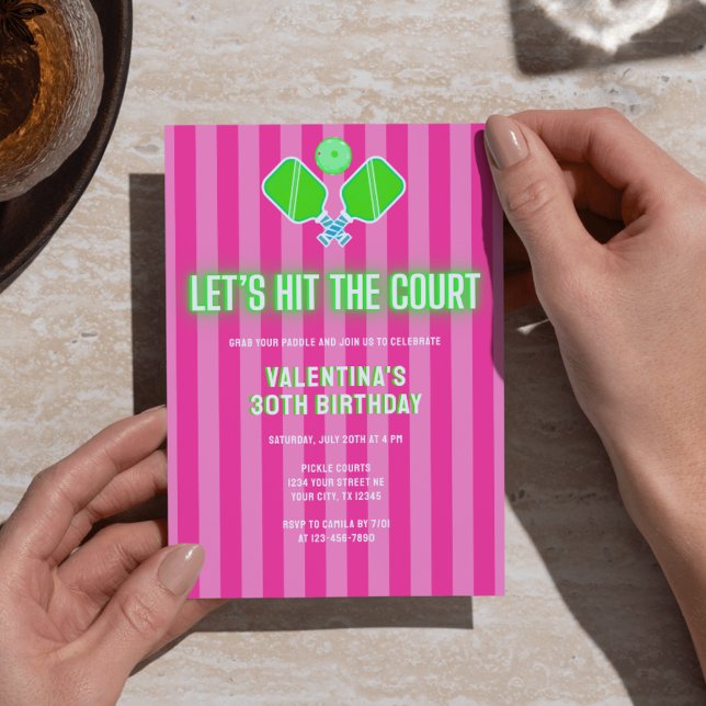 Invitación Preppy Pink and Green Striped Pickleball Birthday (Subido por el creador)