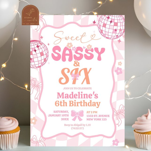 Invitación Preppy Pink Bow Sweet Sassy Six Birday Chica (Subido por el creador)