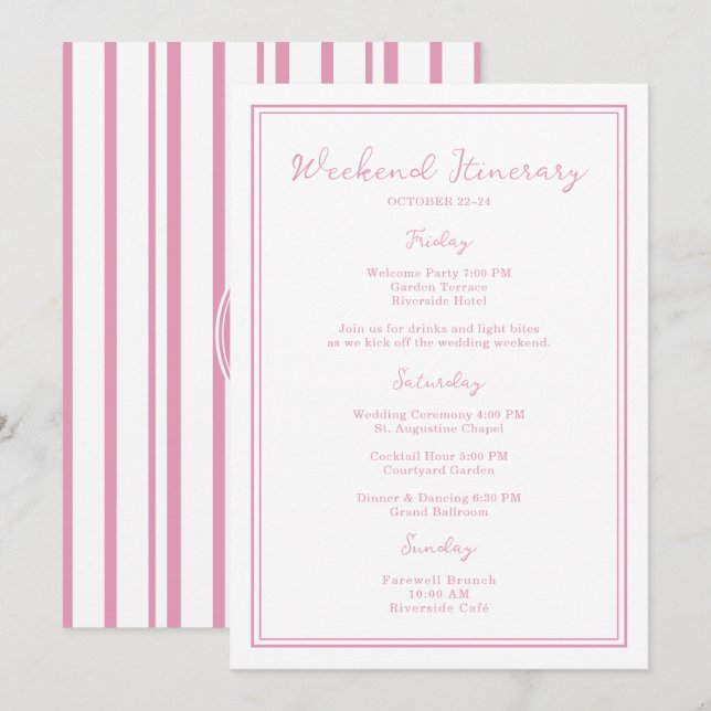 Invitación Preppy Pink Chic Wedding Weekend Itinerary Card (Anverso / Reverso)