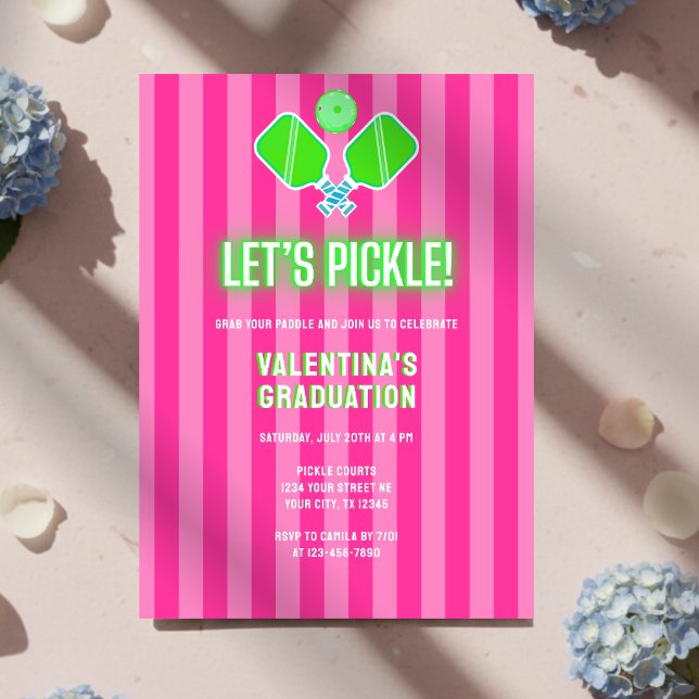 Invitación Preppy Pink Striped Green Pickleball Graduation (Subido por el creador)