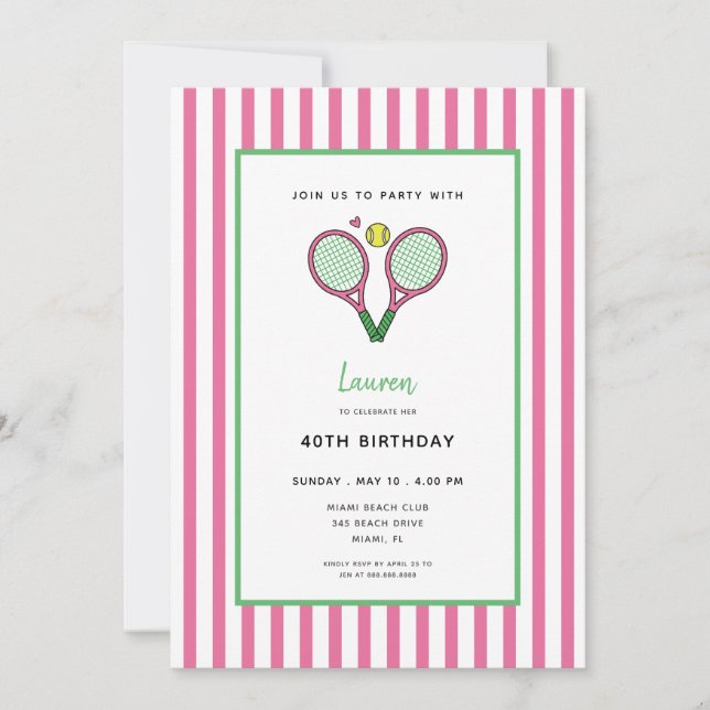 Invitación Preppy Pink Tennis Racquet Birthday  (Anverso)