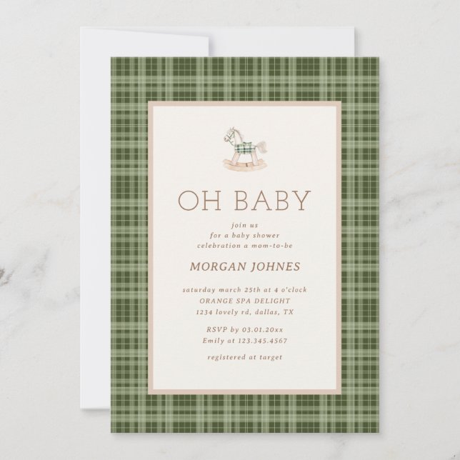 Invitación Preppy Plaid Rocking Horse Baby Shower (Anverso)