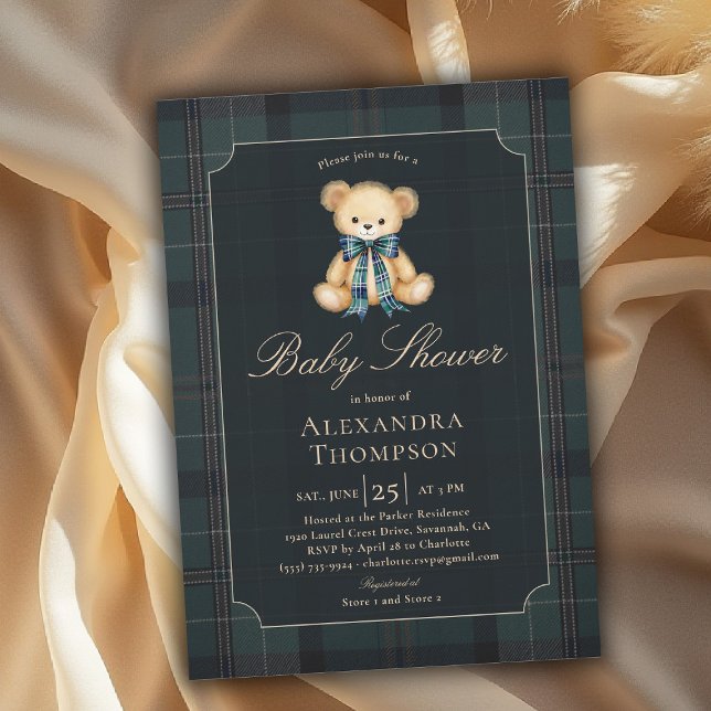 Invitación Preppy Plaid Tartan Teddy Bear Bow Boy Baby Shower (preppy baby shower invitation teddy bear tartan plaid bow elegant country club modern classic chic)