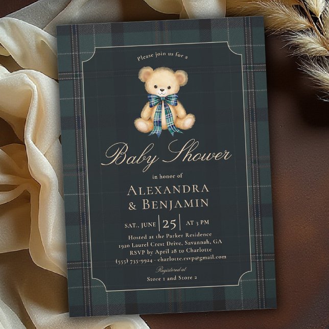 Invitación Preppy Plaid Tartan Teddy Bow Coed Boy Baby Shower (preppy baby shower invitation teddy bear tartan plaid bow elegant country club modern classic coed)