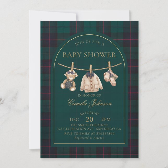 Invitación Preppy Plaid Teddy Bear Baby Shower Invitation (Anverso)