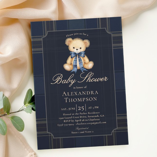Invitación Preppy Plaid Teddy Bear Bow Blue Boy Baby Shower (preppy baby shower invitation teddy bear blue plaid bow elegant country club modern classic)