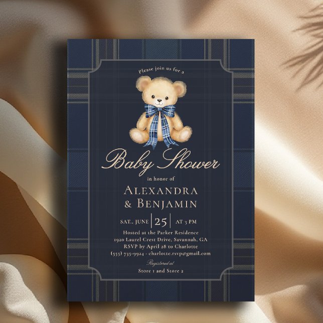 Invitación Preppy Plaid Teddy Bow Blue Coed Boy Baby Shower (preppy baby shower invitation teddy bear blue plaid bow elegant country club modern classic coed)