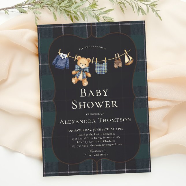 Invitación Preppy Plaid Teddy Bow Clothesline Boy Baby Shower (preppy baby shower invitation teddy bear blue plaid bow elegant country club clothesline)