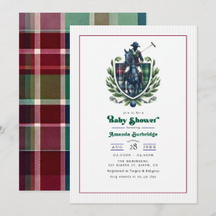 Invitación Preppy Polo Baby Shower Equestrian Tartan Escudo