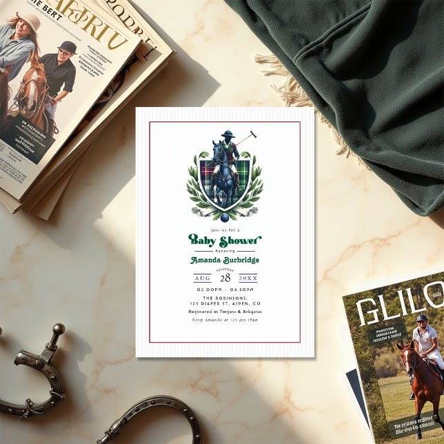 Invitación Preppy Polo Baby Shower Equestrian Tartan Escudo (Preppy Polo Baby Shower Equestrian Tartan Crest Invitation)