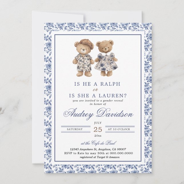 Invitación Preppy Polo Bear Chinoiserie Floral Gender Reveal  (Anverso)