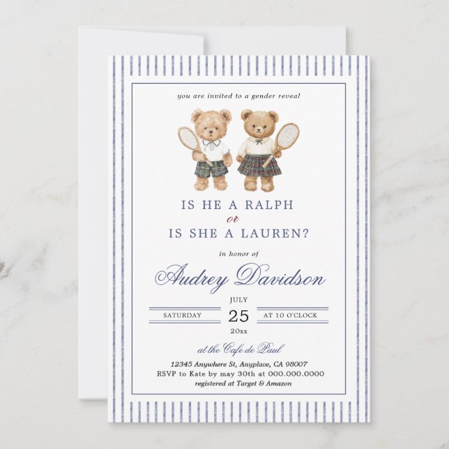 Invitación Preppy Polo Bear Lauren or Ralph Gender Reveal  (Anverso)