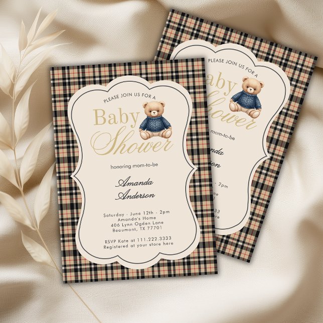 Invitación Preppy Polo Teddy Bear Luxury Beige Baby Shower (Subido por el creador)