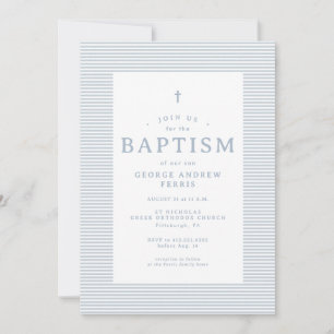 Invitación Preppy rayas de seersucker azul y blanco bautizo