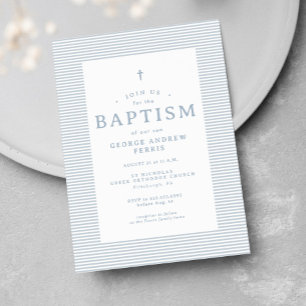 Invitación Preppy rayas de seersucker azul y blanco bautizo
