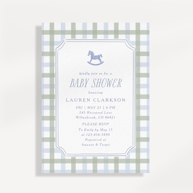 Invitación Preppy Rocking Horse Blue and Sage Plaid Baby Show (Subido por el creador)